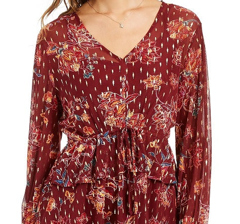 Style & Co Women's Printed Drawstring-Waist Top Dark Red Size Medium