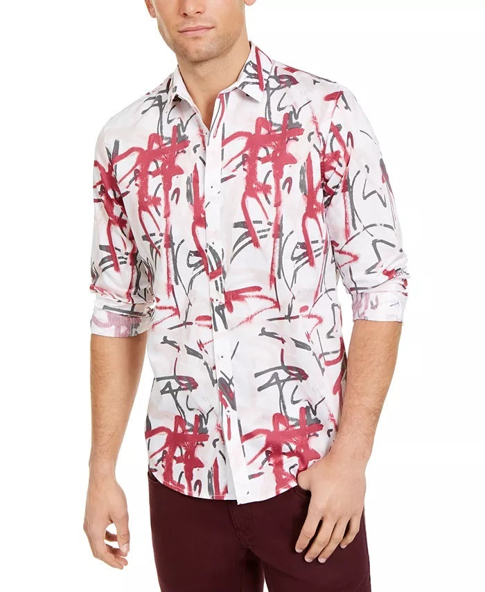 INC International Concepts Men's Graffiti Heart Printed Shirt White Size Small