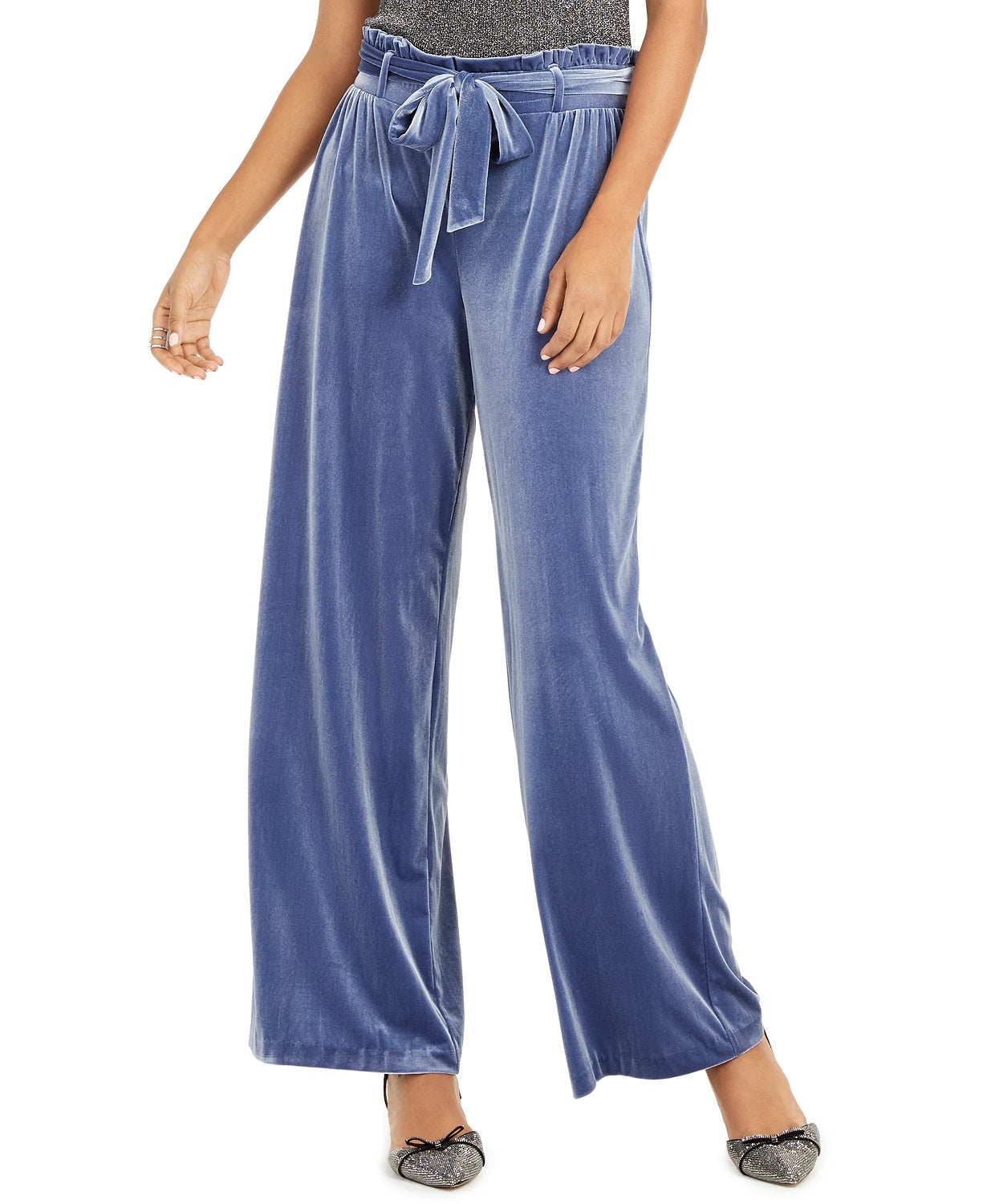INC International Concepts Women's Velvet Wide-Leg Paperbag Pants Navy Size Large