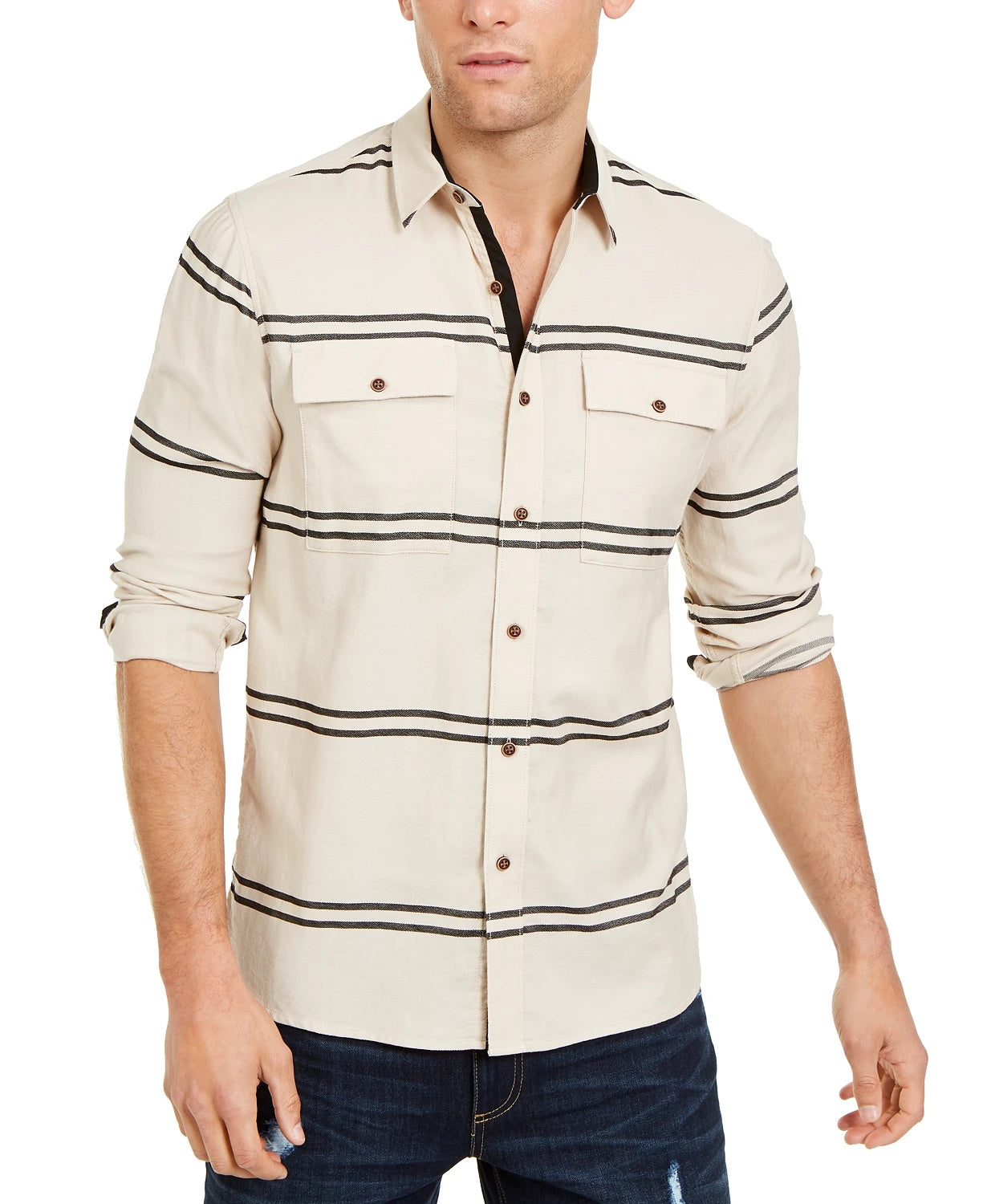 Sun + Stone Men's Ivan Stripe Shirt Beige khaki Size X-Large