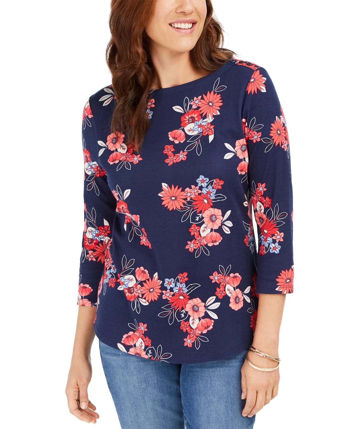 Charter Club Women's Pima Cotton Floral-Print Top Blue Size Small