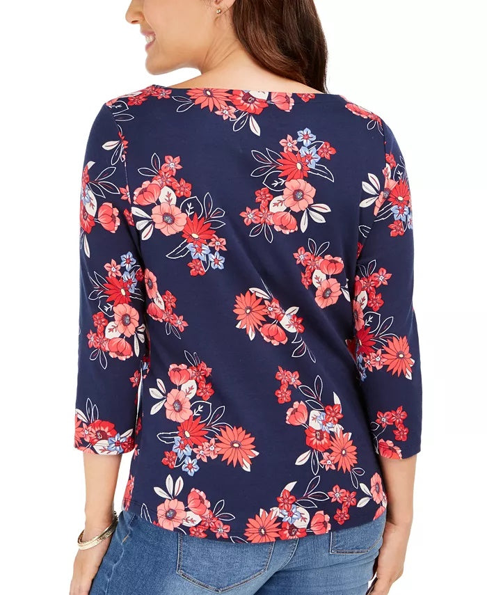 Charter Club Women's Pima Cotton Floral-Print Top Blue Size Small