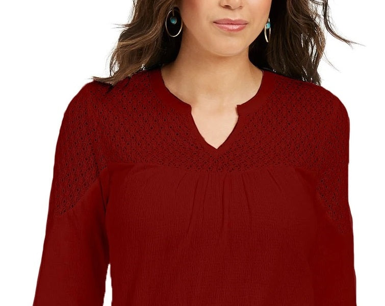 Style & Co Women's Crochet-Yoke Top Dark Red Size X-Large