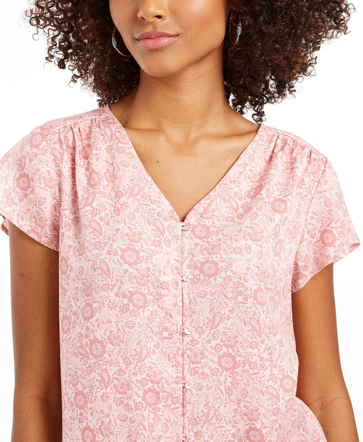 Style & Co Women's Floral Print Button Down Top Pink Size X-Large