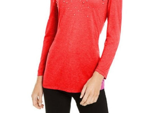 INC International Concepts Women's Embellished Shine V Neck Top Red Size X-Small