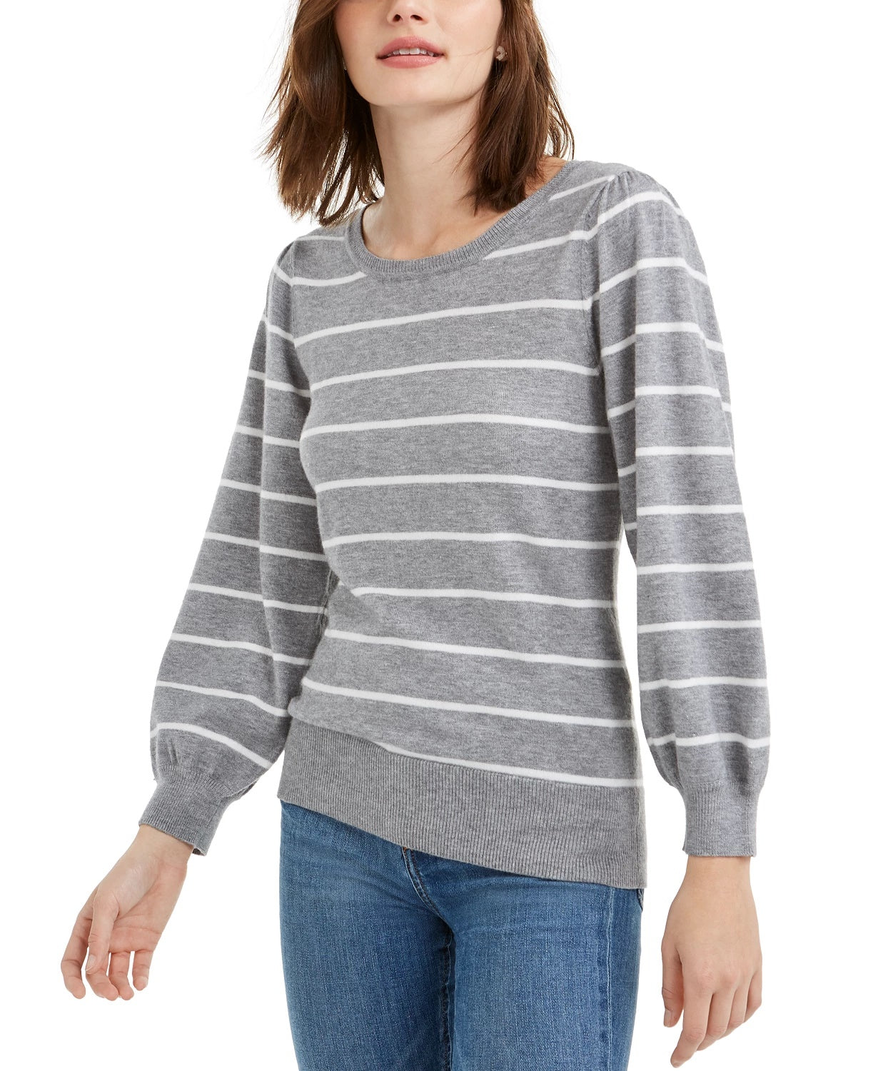 Maison Jules Women's Striped Puff-Sleeve Sweater Gray Size XX Large