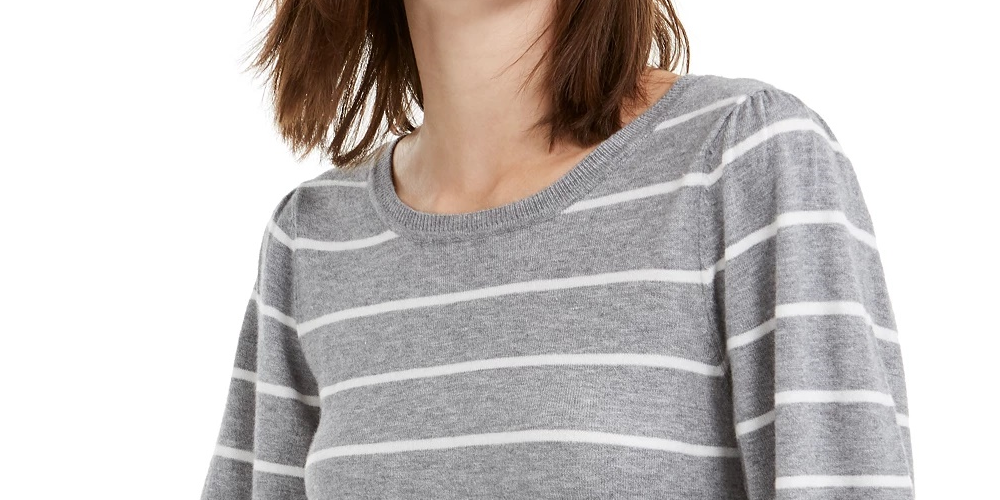 Maison Jules Women's Striped Puff-Sleeve Sweater Gray Size XX Large