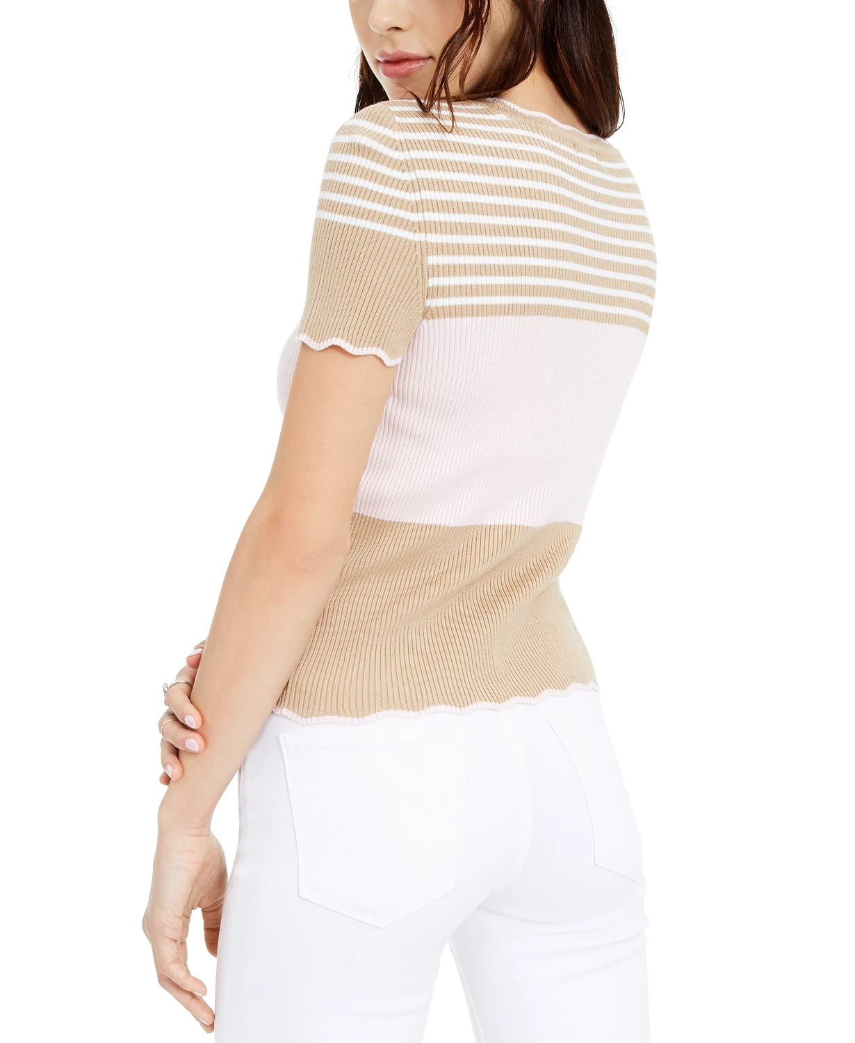 Maison Jules Women's London Printed Scalloped Top Beige Size Medium