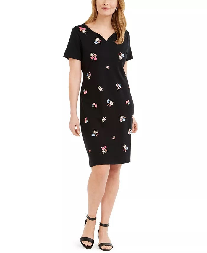Karen Scott Women's Embroidered Split Neck Dress Black Size Large