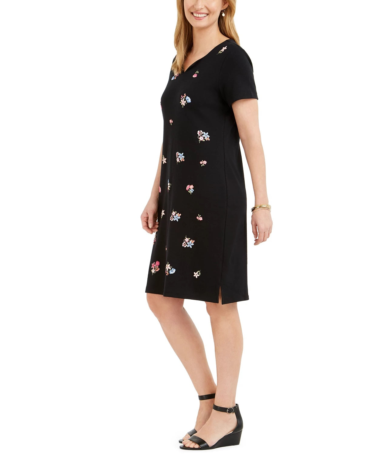 Karen Scott Women's Embroidered Split Neck Dress Black Size Large