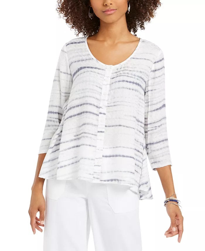 Style & Co Women's Printed Button-Down Swing Top Navy Size Small