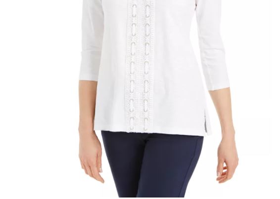 JM Collection Women's Crochet Trimmed Laced Textured Top White Size Medium