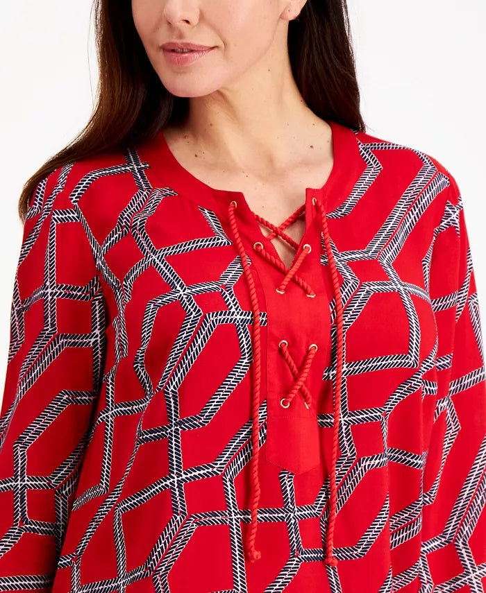 Charter Club Women's Cotton Printed Lace-Up Tunic Red Size X-Large