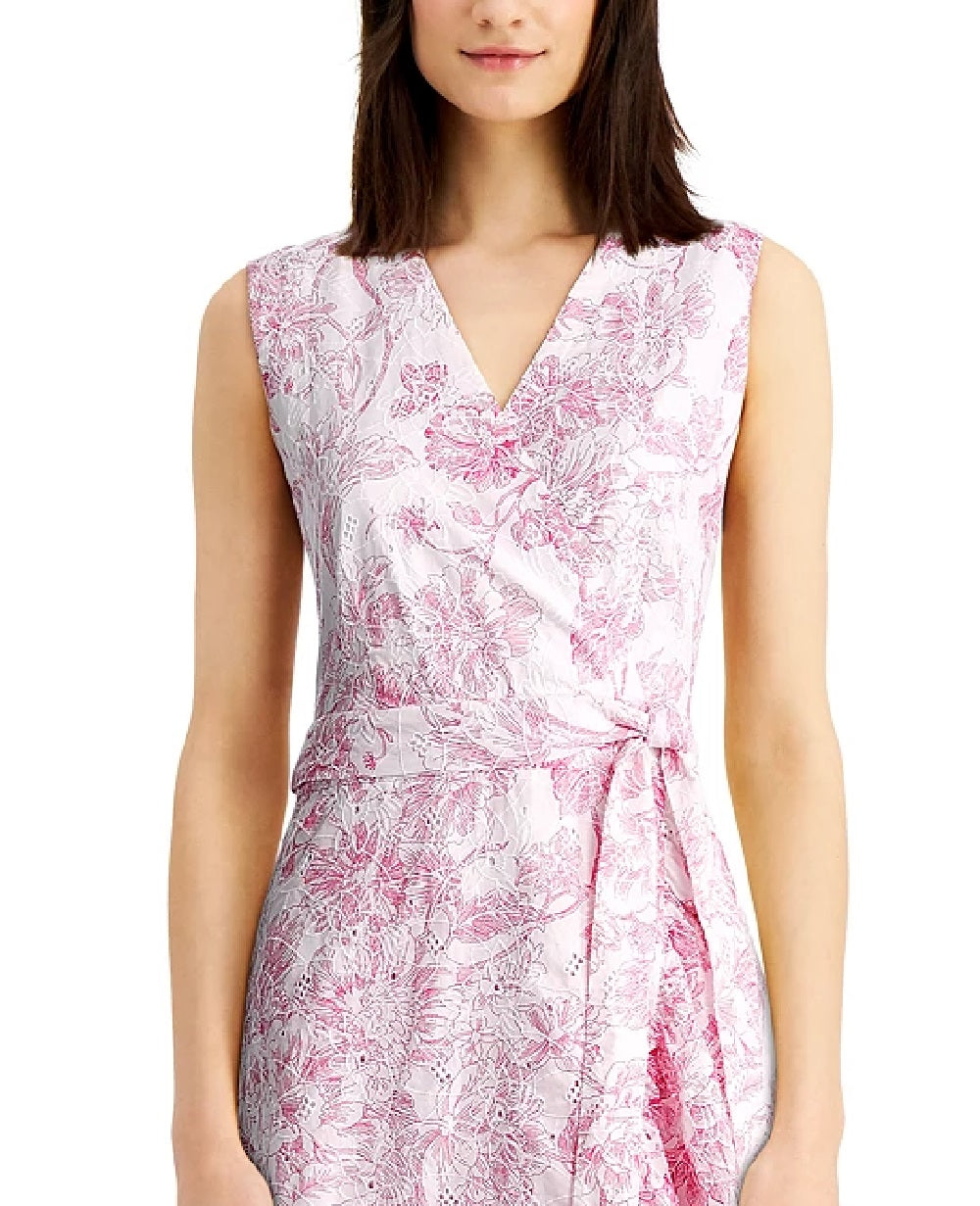 Charter Club Women's Printed Eyelet Ruffled Faux-Wrap Dress Dark Pink Size 8