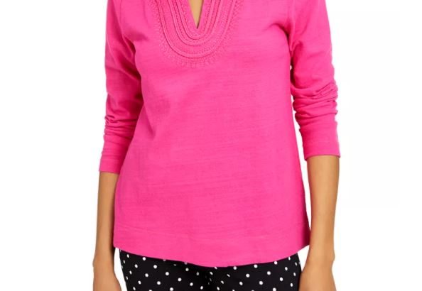 Charter Club Women's Cotton Embroidered Top Pink Size Medium