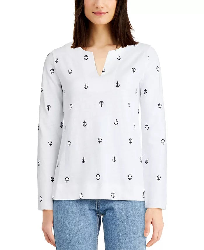 Charter Club Women's Cotton Embroidered Anchor Top White Size Small