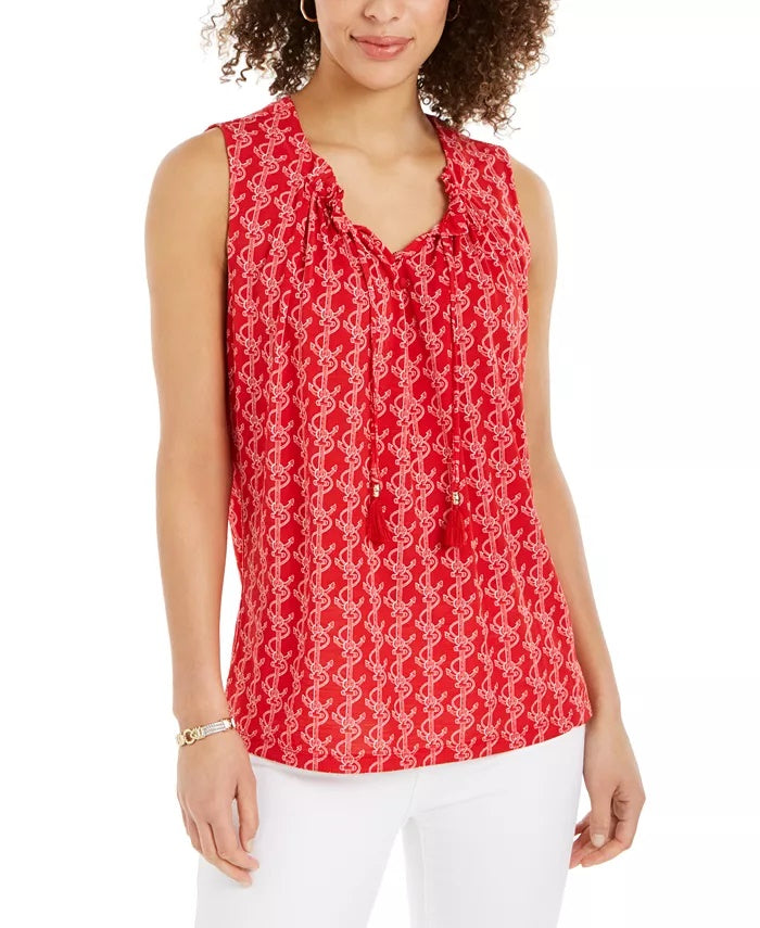 Charter Club Women's Printed Drawstring Neck Top Red Size Medium