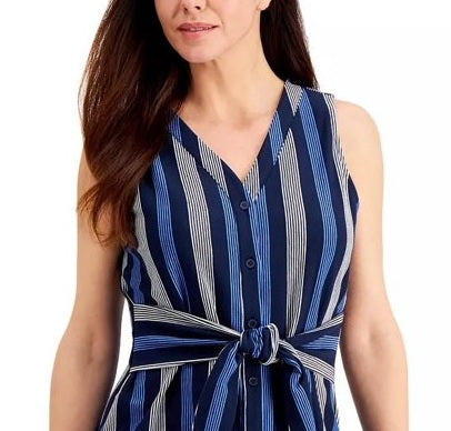 Charter Club Women's Striped Tie Waist Top Blue Size X-Large