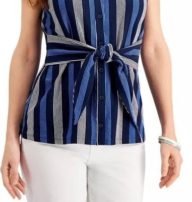Charter Club Women's Striped Tie Waist Top Blue Size X-Large