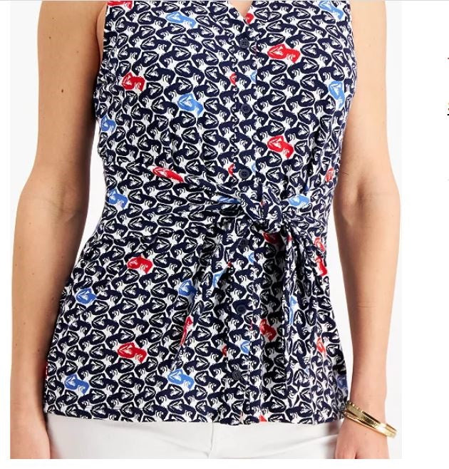Charter Club Women's Printed Tie Front Sleeveless Top Blue Size Large