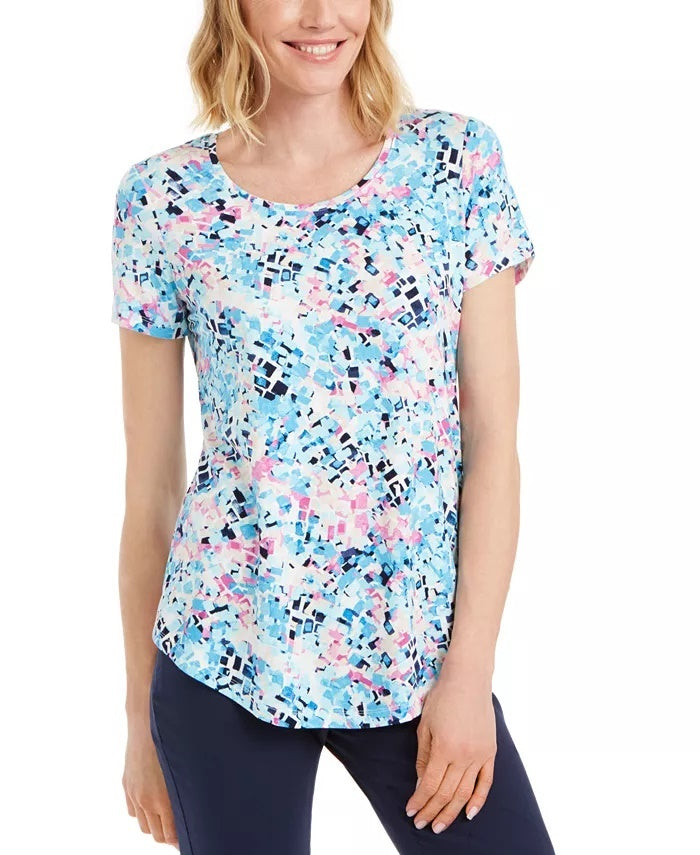 JM Collection Women's Printed Scoop Neck T-Shirt Navy Size Small
