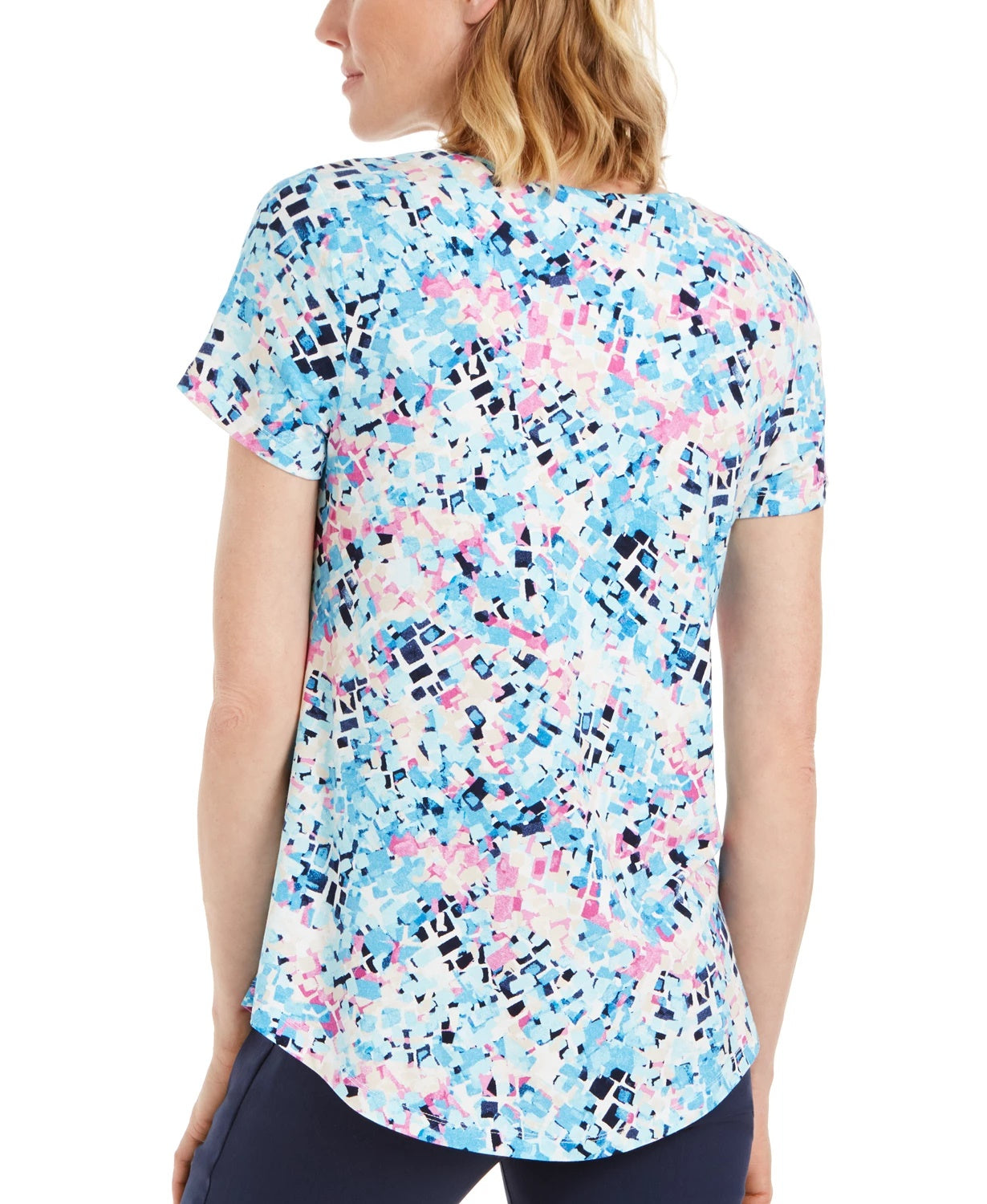 JM Collection Women's Printed Scoop Neck T-Shirt Navy Size Small