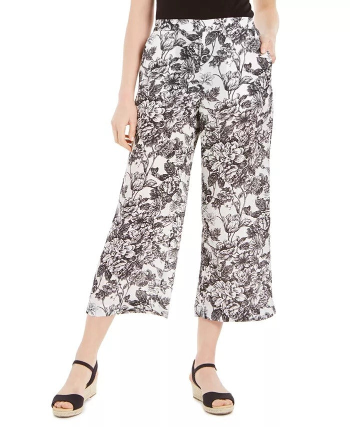 Charter Club Women's Printed Wide Leg Capri Pants White Size Medium