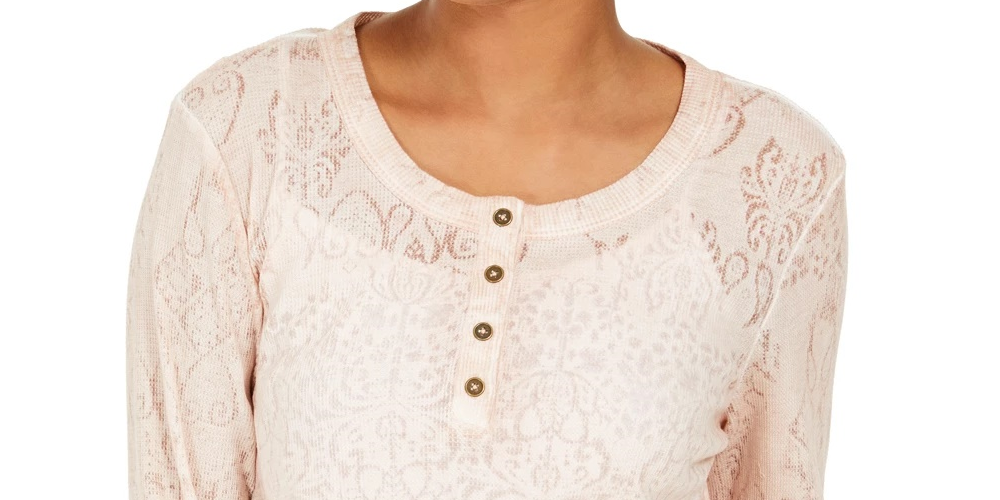 Style & Co Women's Lace Henley Top Pink Size Large