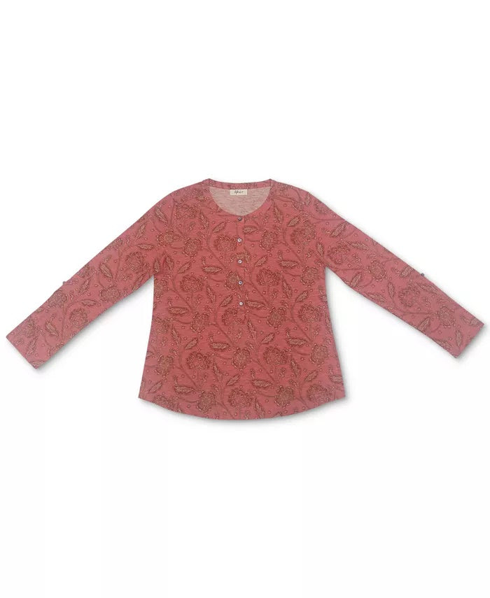 Style & Co Women's Printed Henley Shirt Red Size Large