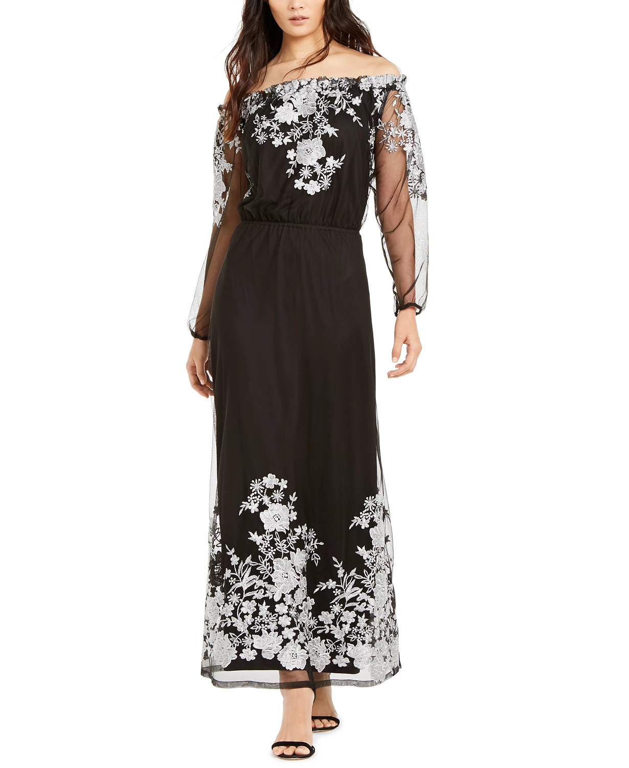 INC International Concepts Women's Embroidered Off-The-Shoulder Maxi Dress Black Size 2