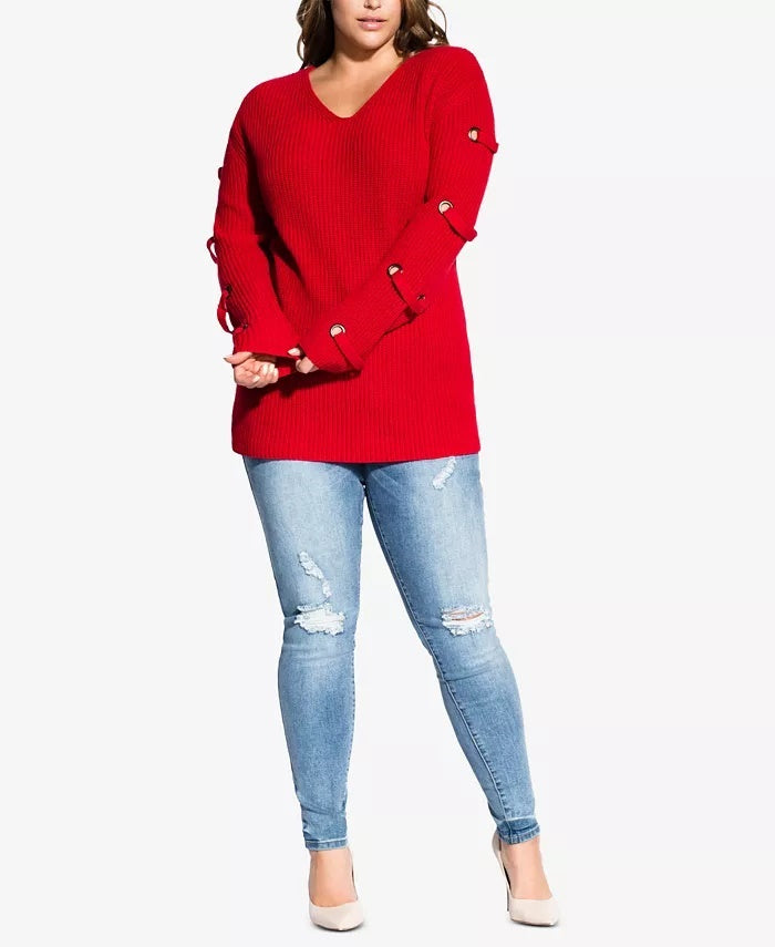 City Chic Women's Trendy Plus Size Grommet-Sleeved Sweater Medium Red Size 18W