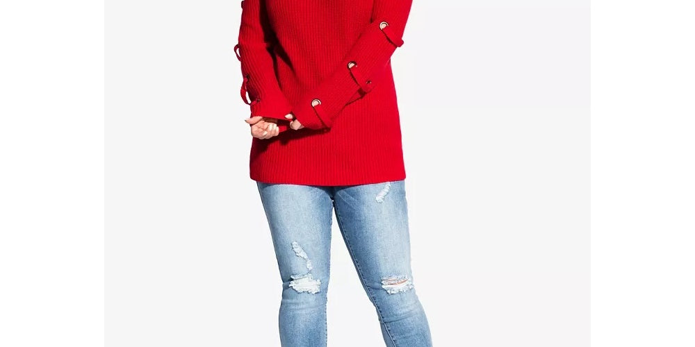 City Chic Women's Trendy Plus Size Grommet-Sleeved Sweater Medium Red Size 18W