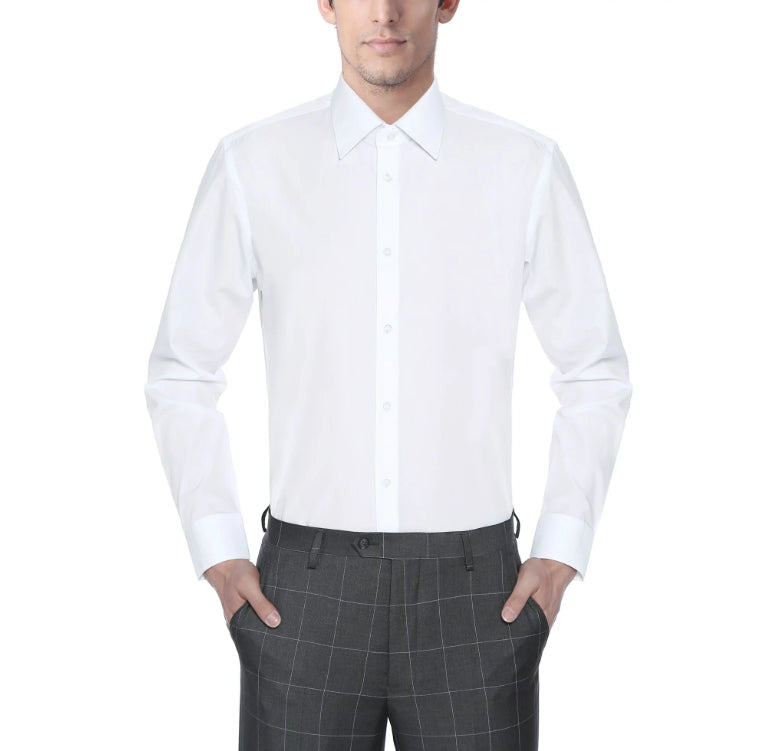 DKNY पुरुषों की स्लिम फिट परफॉरमेंस स्ट्रेच रिंकल रेज़िस्टेंट फ्रेंच कफ ड्रेस शर्ट सफ़ेद साइज़ 15.5X34X35