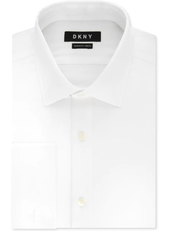 DKNY पुरुषों की स्लिम फिट परफॉरमेंस स्ट्रेच रिंकल रेज़िस्टेंट फ्रेंच कफ ड्रेस शर्ट सफ़ेद साइज़ 15.5X34X35