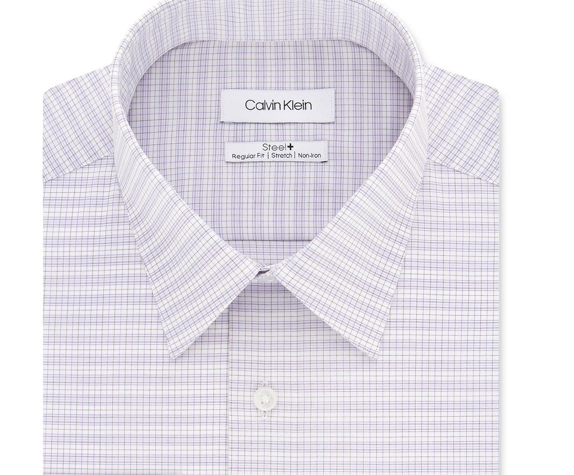 Calvin Klein Men's Steel Classic/Regular-Fit Non-Iron Performance Stretch Check Dress Shirt Purple Size 17X34-35