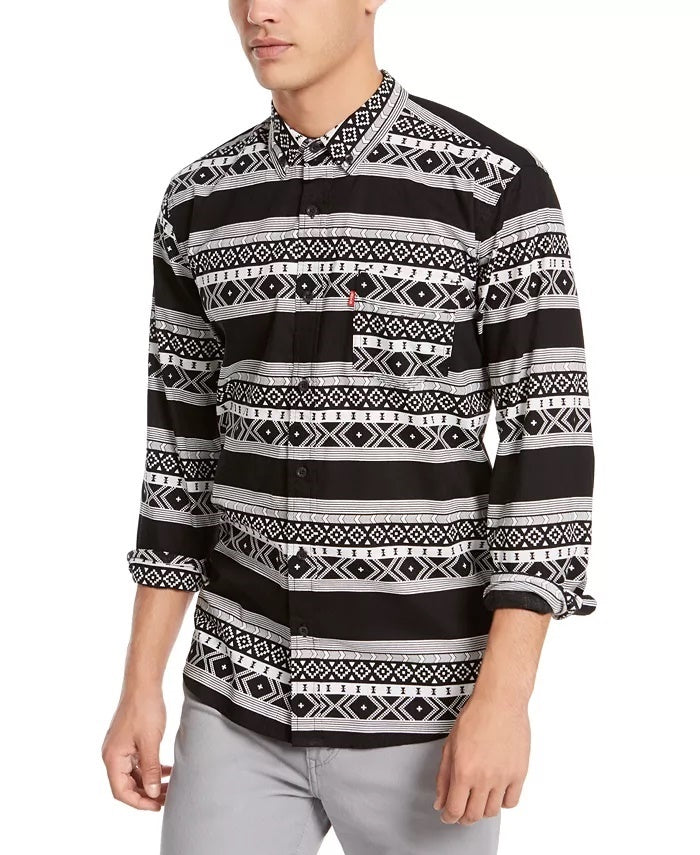 Levi's Men's Norte Regular Fit Geo Stripe Shirt Grey Size Small