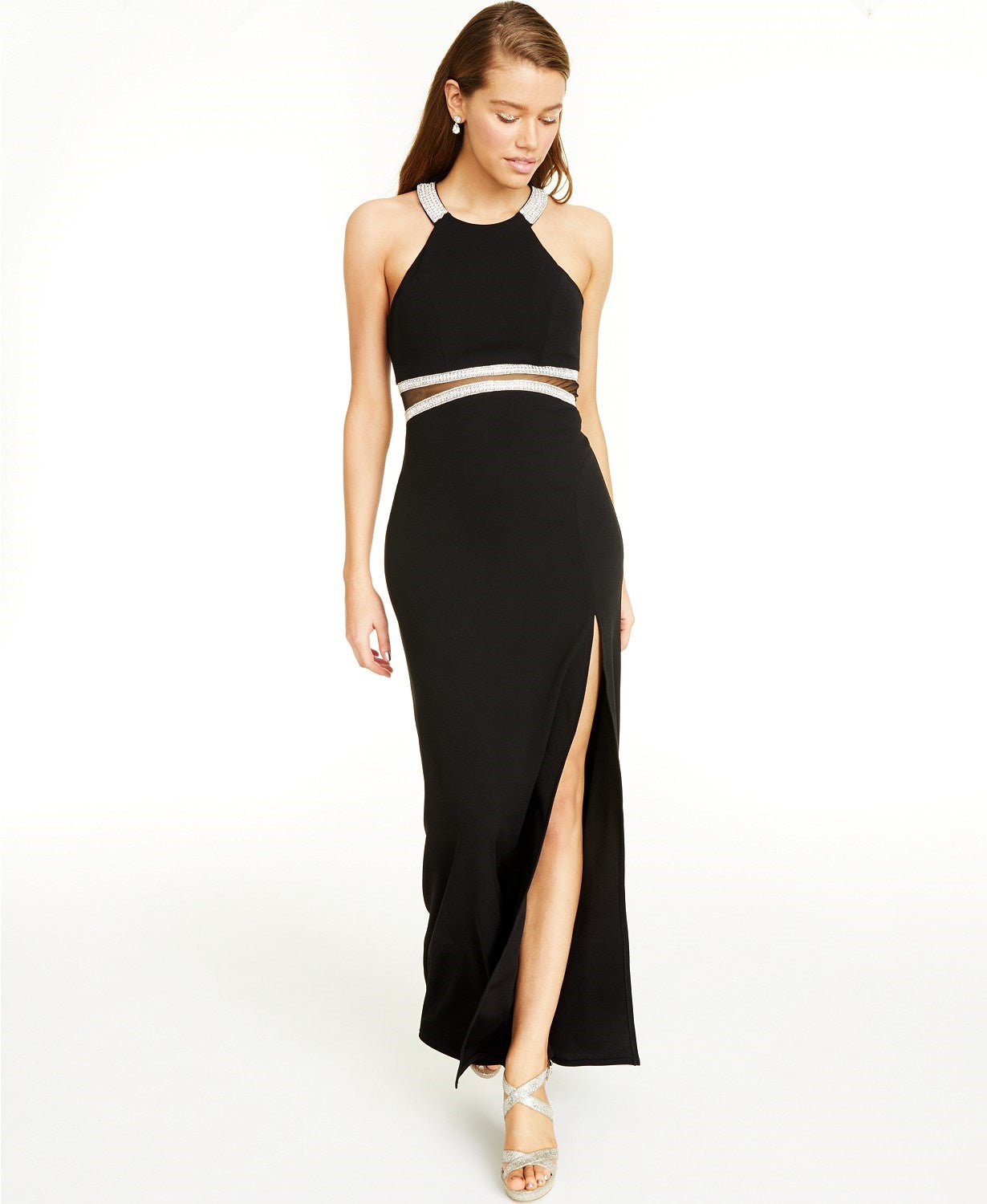 Sequin Hearts Juniors' Illusion-Waist Halter Gown Black Size 1