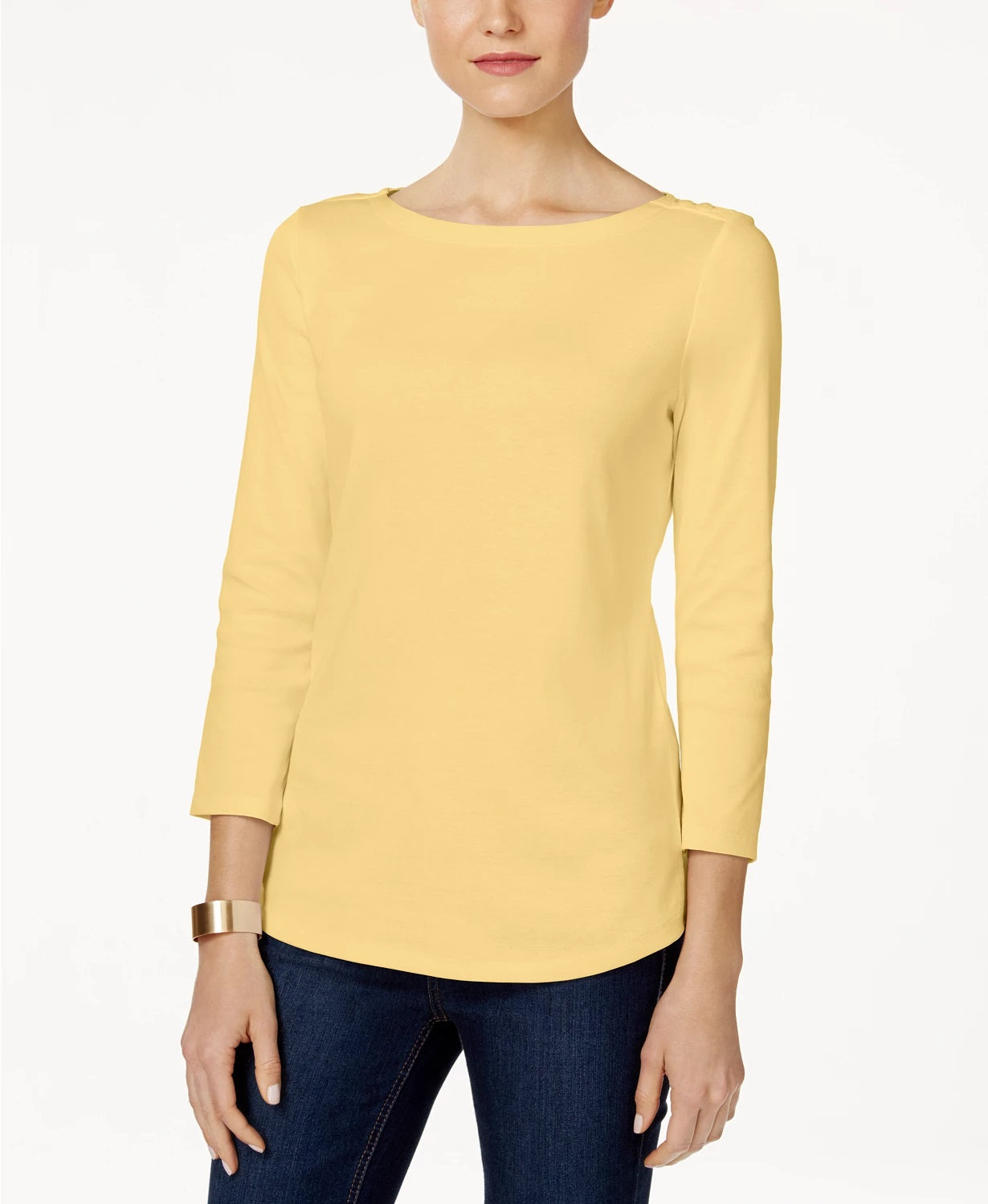 Charter Club Woemn's Petite Pima Cotton Button-Shoulder Top Gold Size Medium