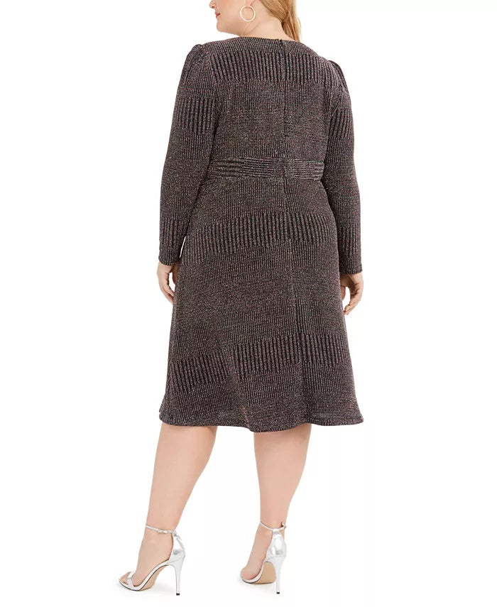 R & M Richards Women's Plus Size Glitter-Knit A-Line Dress Charcoal Size 14