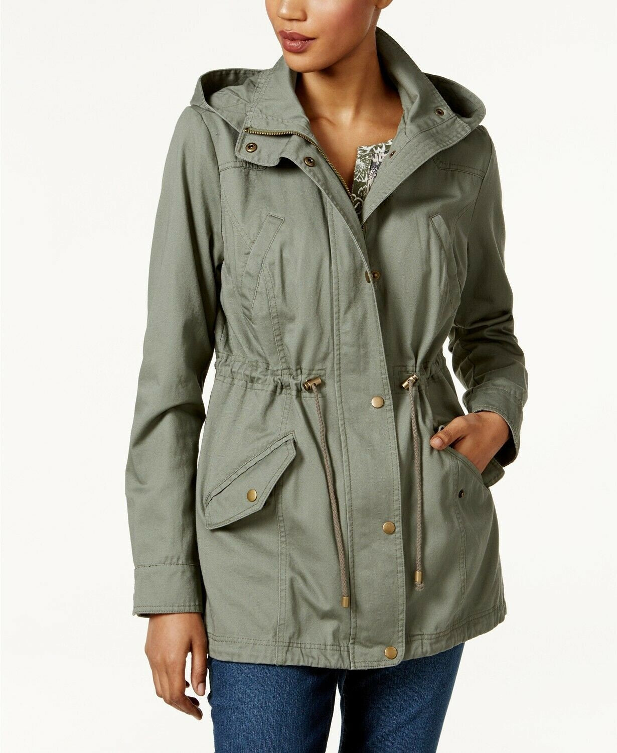 Style & Co Women's Cotton Hooded Utility Jacket Green Size Small