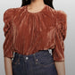 LEYDEN Women's Crushed Velvet Puff-Sleeve Top Brown Size Small