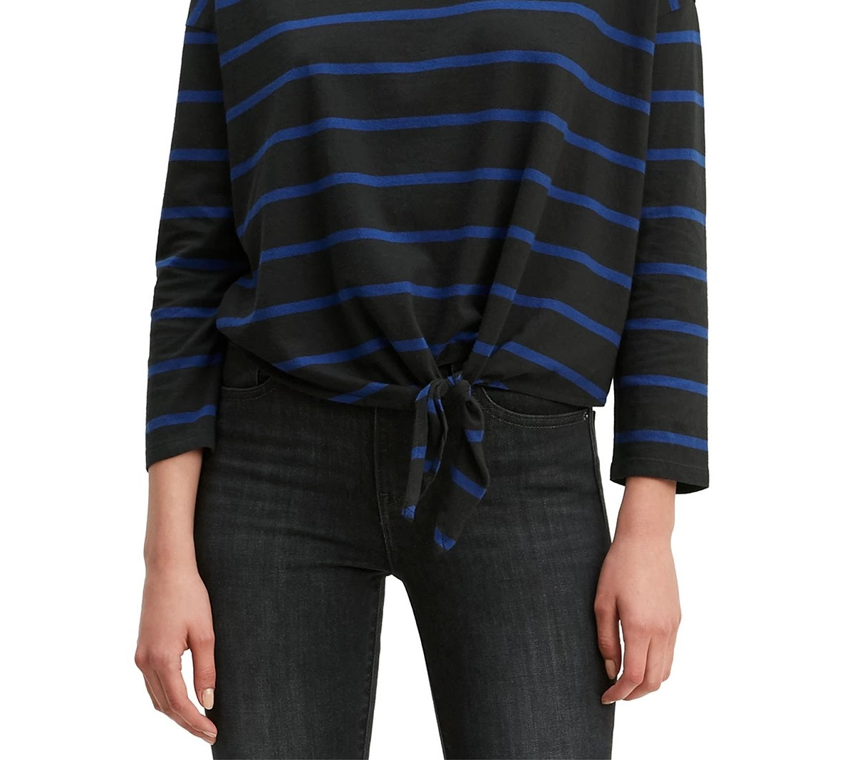 Levi's Women's Greta Striped Tie Hem Cotton Top Black Size Small