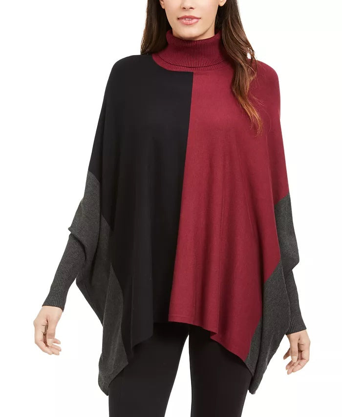 Alfani Women's Petite Turtleneck Colorblock Poncho Sweater Dark Red Size Petite