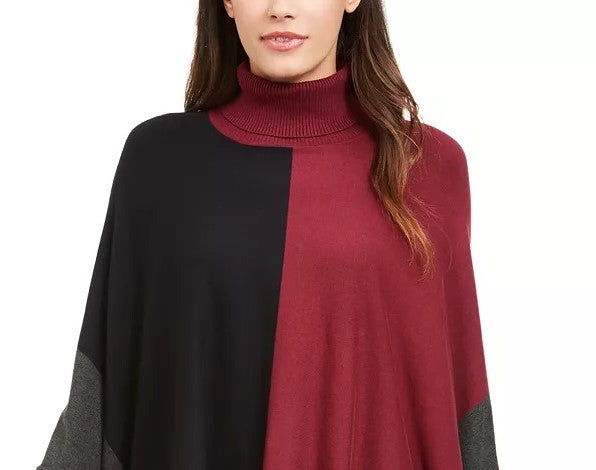 Alfani Women's Petite Turtleneck Colorblock Poncho Sweater Dark Red Size Petite
