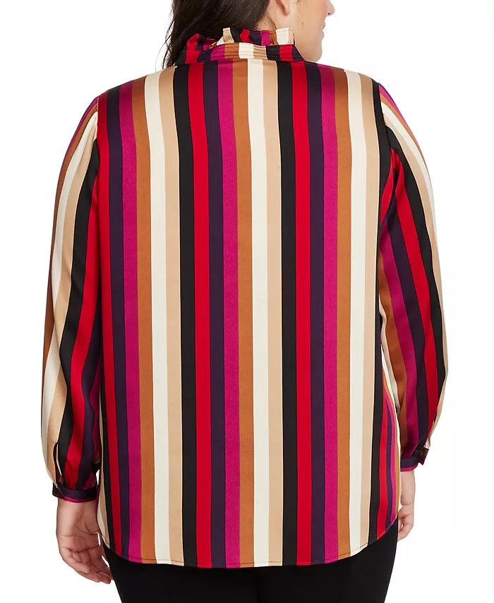 Vince Camuto Women's Mayfair Stripe Ruffle Neck Satin Blouse Red Size 3X