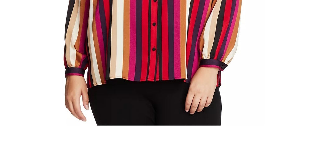 Vince Camuto Women's Mayfair Stripe Ruffle Neck Satin Blouse Red Size 3X