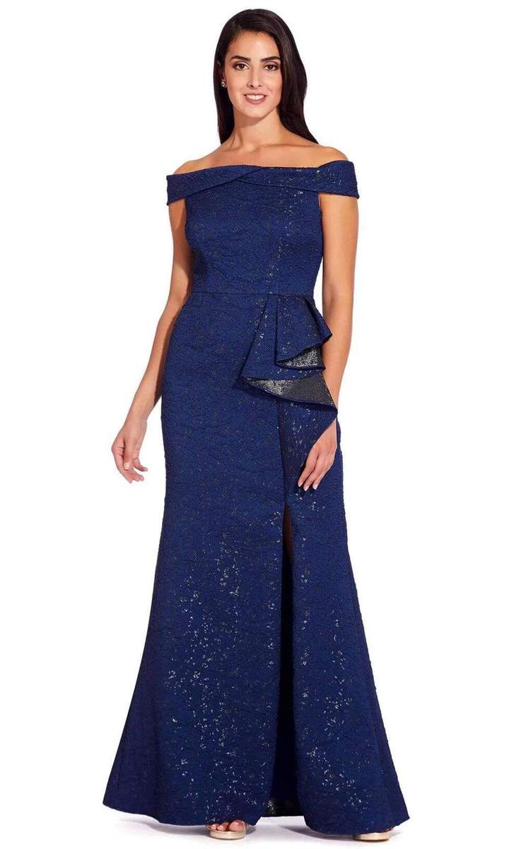 Adrianna Papell Womens Off The Shoulder Gown Navy Size 8
