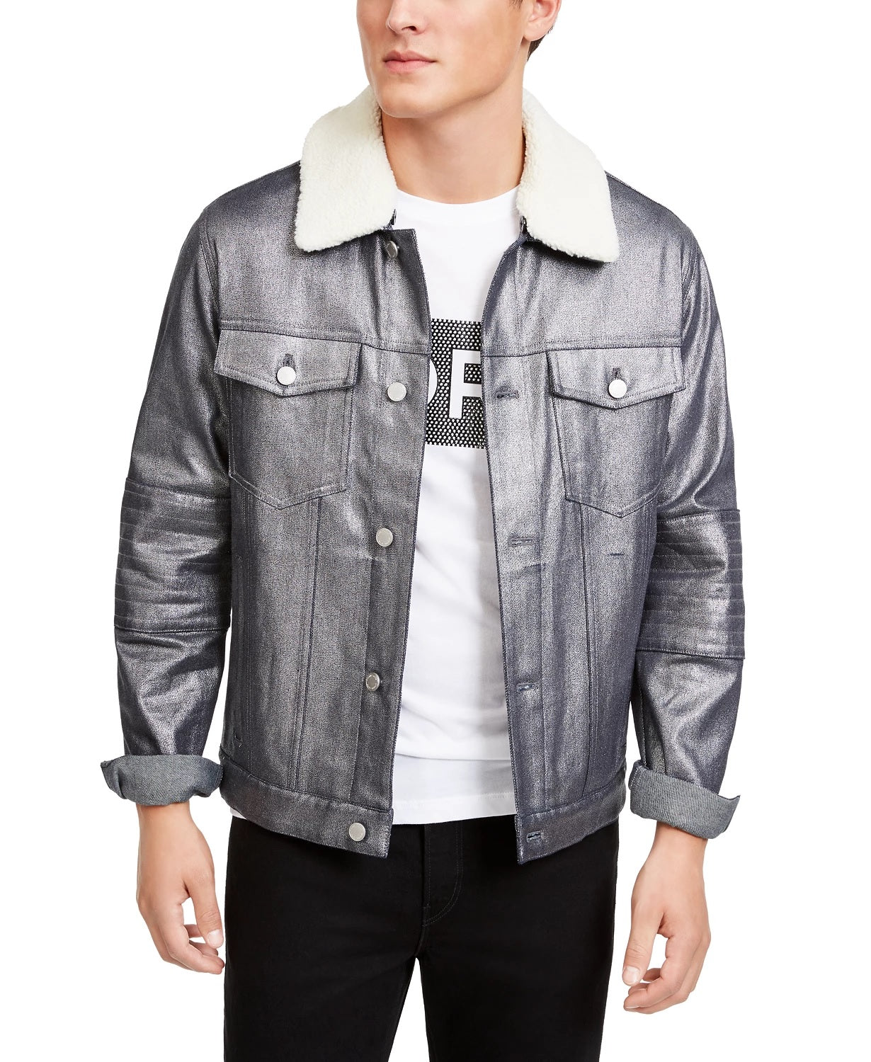 Michael Kors Men's Silver Metallic Denim Shearling Collar Moto Biker Jacket Silver Size Large