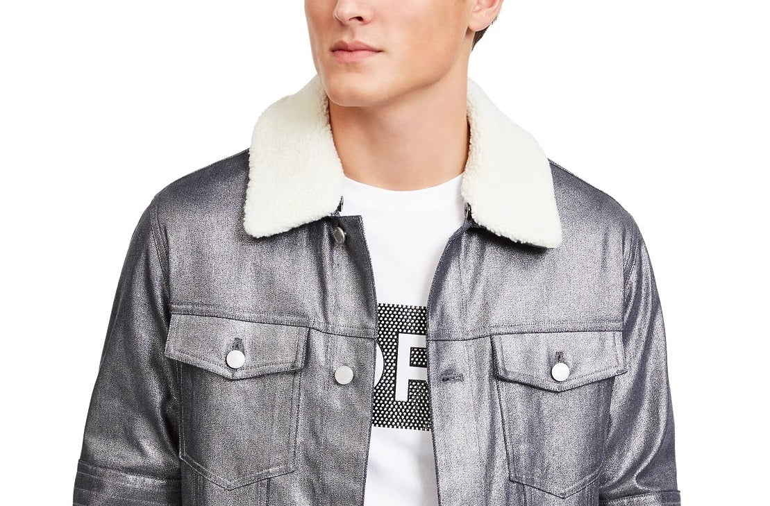 Michael Kors Men's Silver Metallic Denim Shearling Collar Moto Biker Jacket Silver Size Large