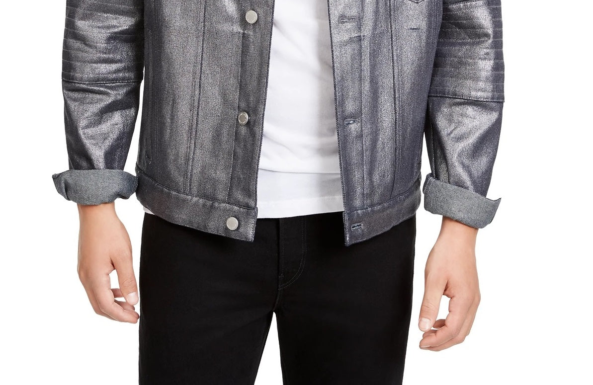 Michael Kors Men's Silver Metallic Denim Shearling Collar Moto Biker Jacket Silver Size Large